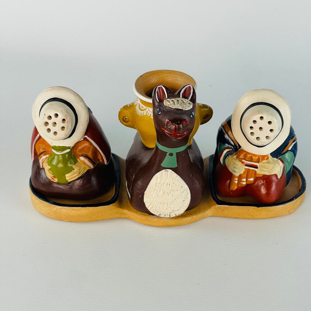 Andean Ceramic Salt and Pepper plus Toothpick Holder 6 x 3 1/4 x 3 1/4”